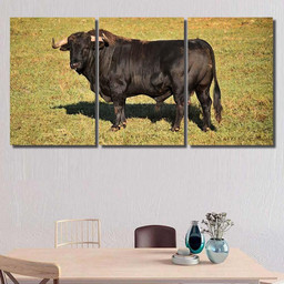 Spanish Bull On Field Big Horns Bison Animals Luxury Multi Canvas Prints, Multi Piece Panel Canvas Gallery Art Print Print Multi Canvas 3PIECE(36 x18)