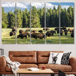 Herd Bison Buffalo Yellowstone National Park Bison Animals Luxury Multi Canvas Prints, Multi Piece Panel Canvas Gallery Art Print Print Multi Canvas 5PIECE(60x36)