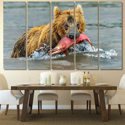 He Bear Salmon Caught Kamchatka Russia Bear Animals Luxury Multi Canvas Prints, Multi Piece Panel Canvas Gallery Art Print Print Multi Canvas 5PIECE(60x36)