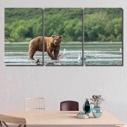 Wild Kamchatkan Brown Bear Eating Salmon Bear Animals Luxury Multi Canvas Prints, Multi Piece Panel Canvas Gallery Art Print Print Multi Canvas 3PIECE(36 x18)