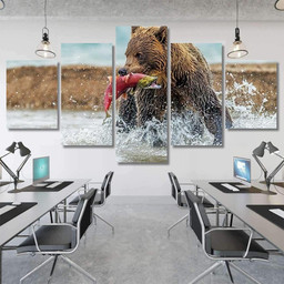 Bear Catches Salmon Kamchatka Russia August Bear Animals Luxury Multi Canvas Prints, Multi Piece Panel Canvas Gallery Art Print Print Multi Canvas 5PIECE(Mixed 12)