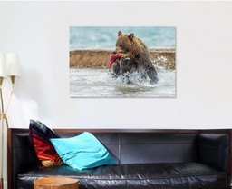 Bear Catches Salmon Kamchatka Russia August Bear Animals Luxury Multi Canvas Prints, Multi Piece Panel Canvas Gallery Art Print Print Single Canvas 1 PIECE (32x48)