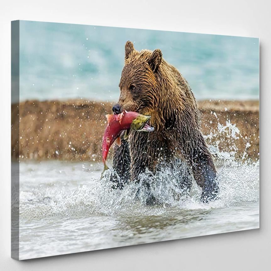 Bear Catches Salmon Kamchatka Russia August Bear Animals Luxury Multi Canvas Prints, Multi Piece Panel Canvas Gallery Art Print Print Single Canvas 1PIECE(8x10)