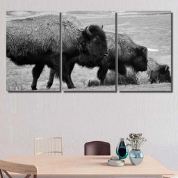 Three Bison Montana Wilderness Black White Bison Animals Luxury Multi Canvas Prints, Multi Piece Panel Canvas Gallery Art Print Print Multi Canvas 3PIECE(36 x18)