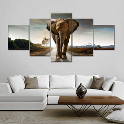 Marching Elephant Wild Animal Landscape Multi Canvas Painting Ideas, Multi Piece Panel Canvas Housewarming Gift Ideas Framed Prints, Canvas Paintings Wrapped Canvas 5 Panels Mixed 12