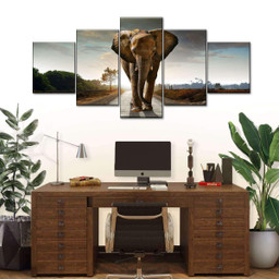 Marching Elephant Wild Animal Landscape Multi Canvas Painting Ideas, Multi Piece Panel Canvas Housewarming Gift Ideas Framed Prints, Canvas Paintings Wrapped Canvas 5 Panels 80x48