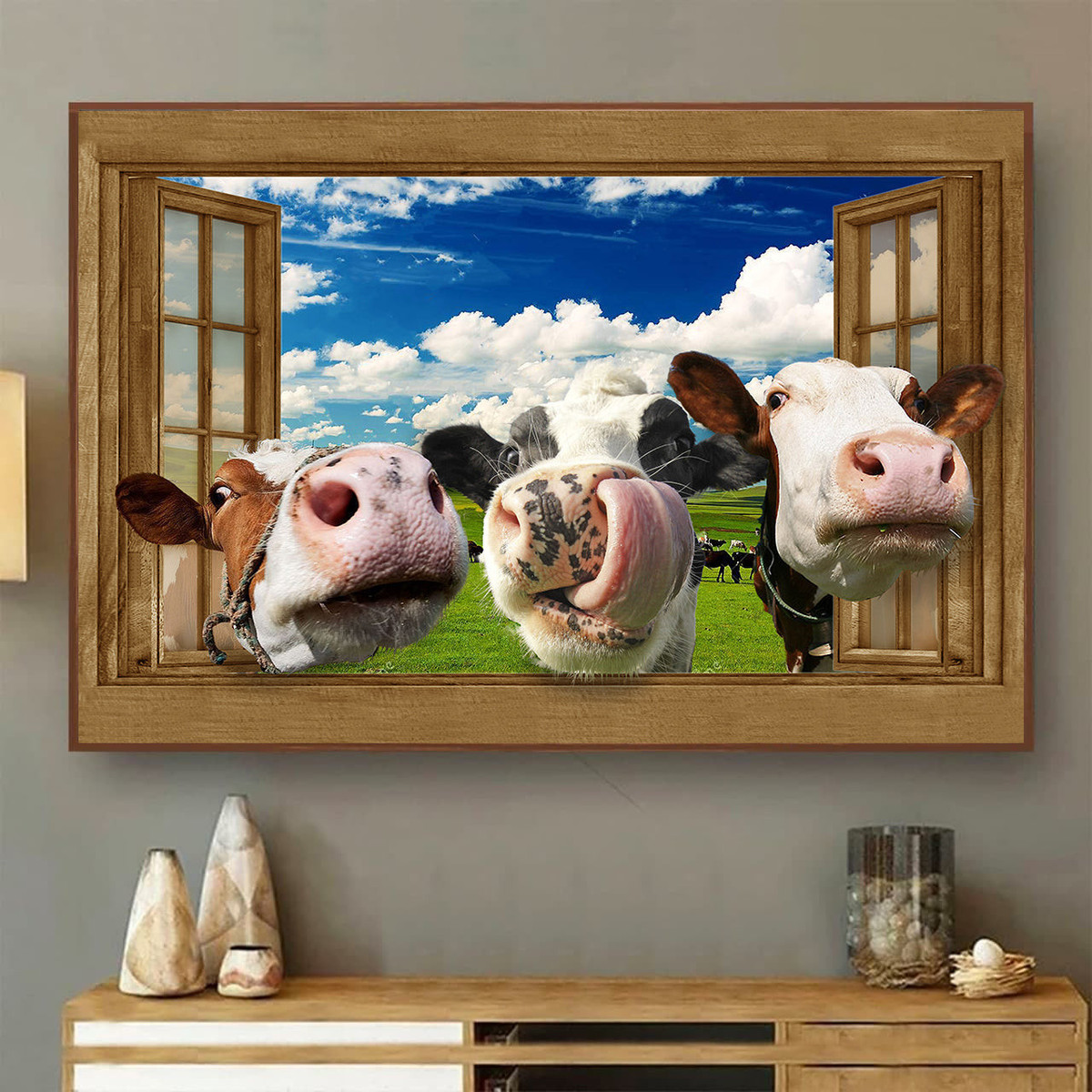 Dairy Cow 3D Window View Canvas Painting Art Wall Decor Cattle Farm Lover Framed Prints, Canvas Paintings Wrapped Canvas 8x10