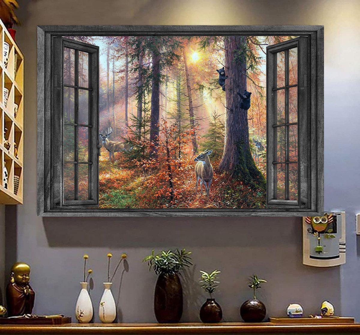 Deer Forest 3D Window View Wall Arts Painting Hunting Lover Gift Idea Easter Gift Father Day Framed Prints, Canvas Paintings Wrapped Canvas 8x10