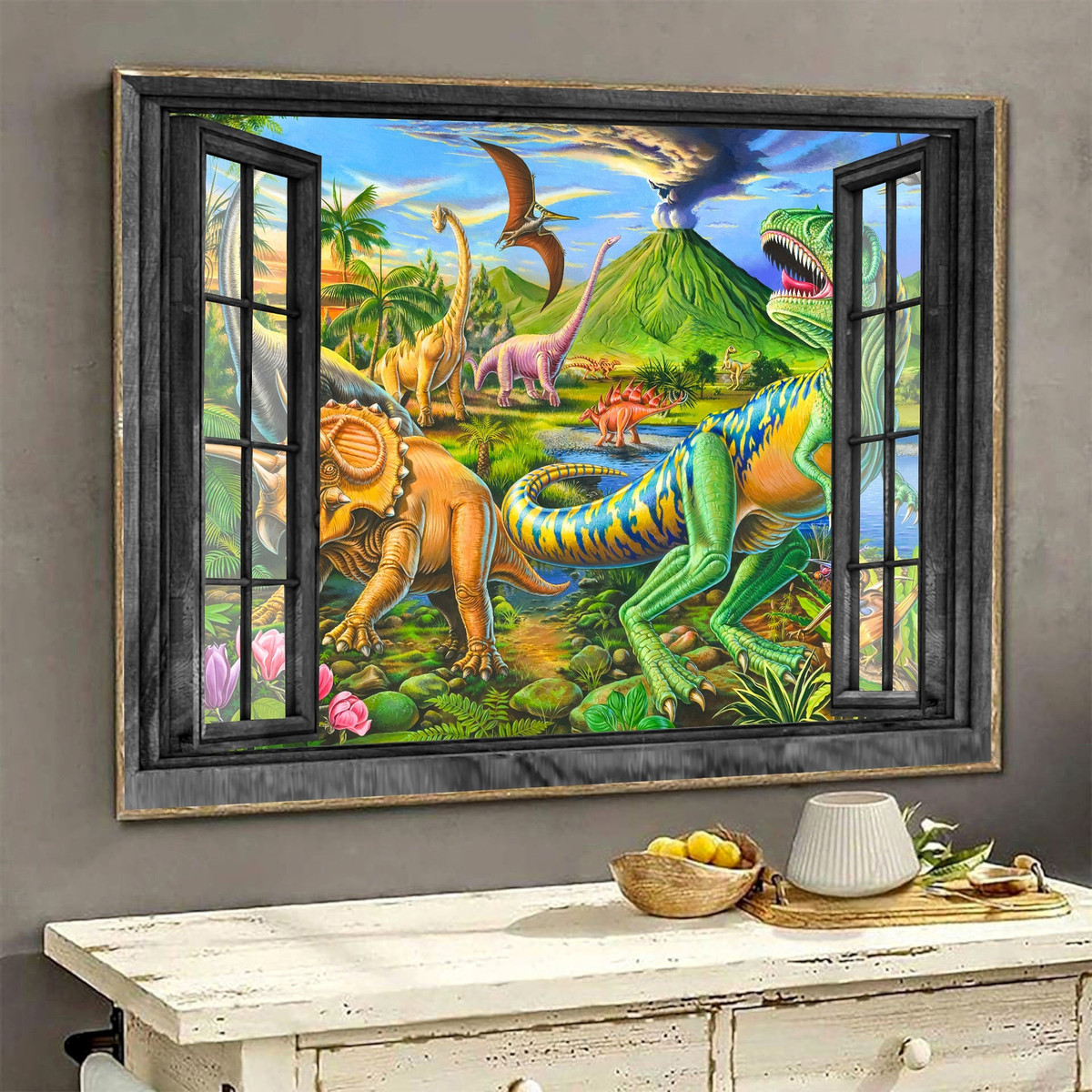 Dinosaur 3D Window View Painting Art Gift Idea Birthday Framed Prints, Canvas Paintings Wrapped Canvas 8x10