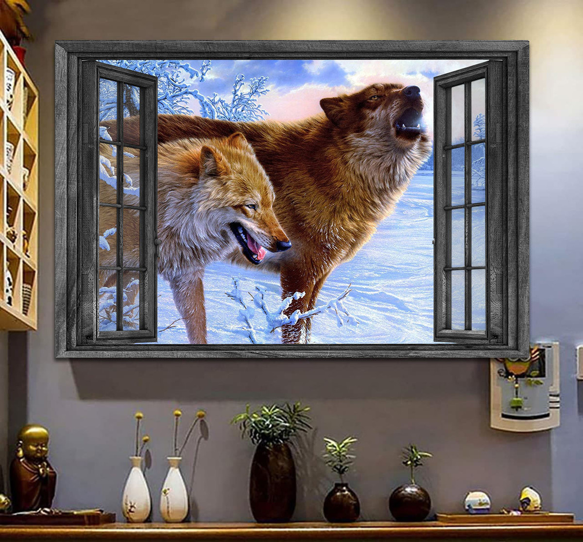 Wolf Couple 3D Window View Painting Art Wild Animals Gift Idea Birthday Framed Prints, Canvas Paintings Wrapped Canvas 8x10