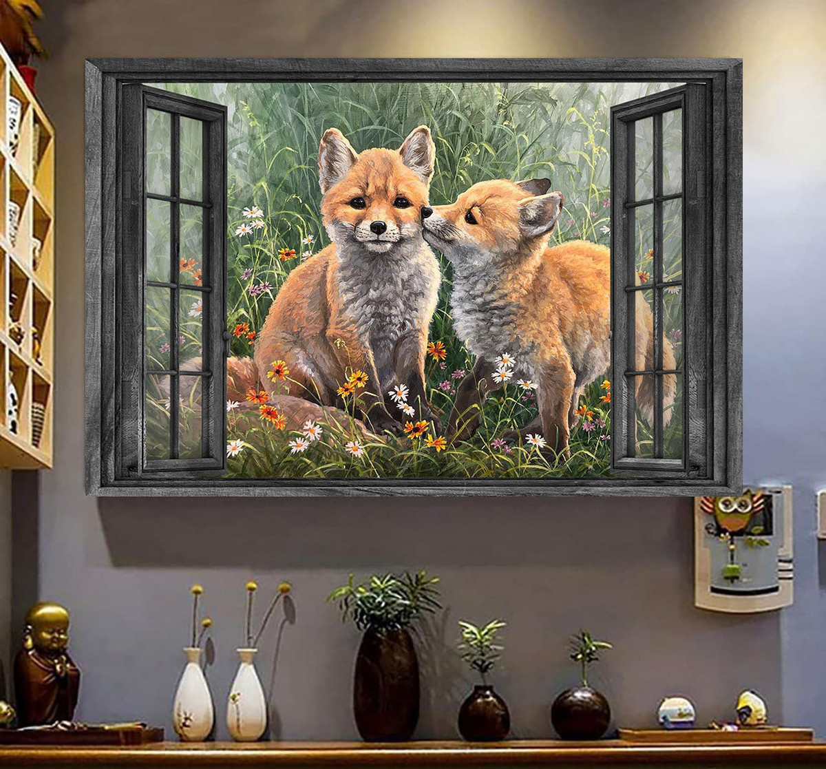 Fox 3D Window View Canvas Painting Art Wild Animals Baby Fox Gift Idea Easter Gift Father Day Mother Day Framed Prints, Canvas Paintings Wrapped Canvas 8x10