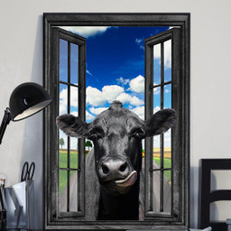 Black Angus Cow 3D Window View Canvas Painting Prints Tongue Out Framed Prints, Canvas Paintings Wrapped Canvas 8x10