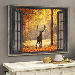 Deer 3D Window View Housewarming Gift Decor Autumn Yellow Leaves Hunting Lover Ha0257-Tnt Framed Prints, Canvas Paintings Framed Matte Canvas 8x10