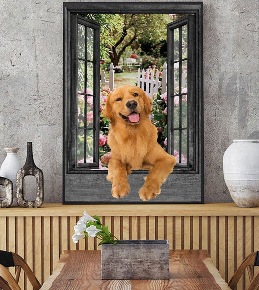 Golden Retriever 3D Window View Wall Arts Painting Prints Dogs Lover Framed Prints, Canvas Paintings Wrapped Canvas 8x10