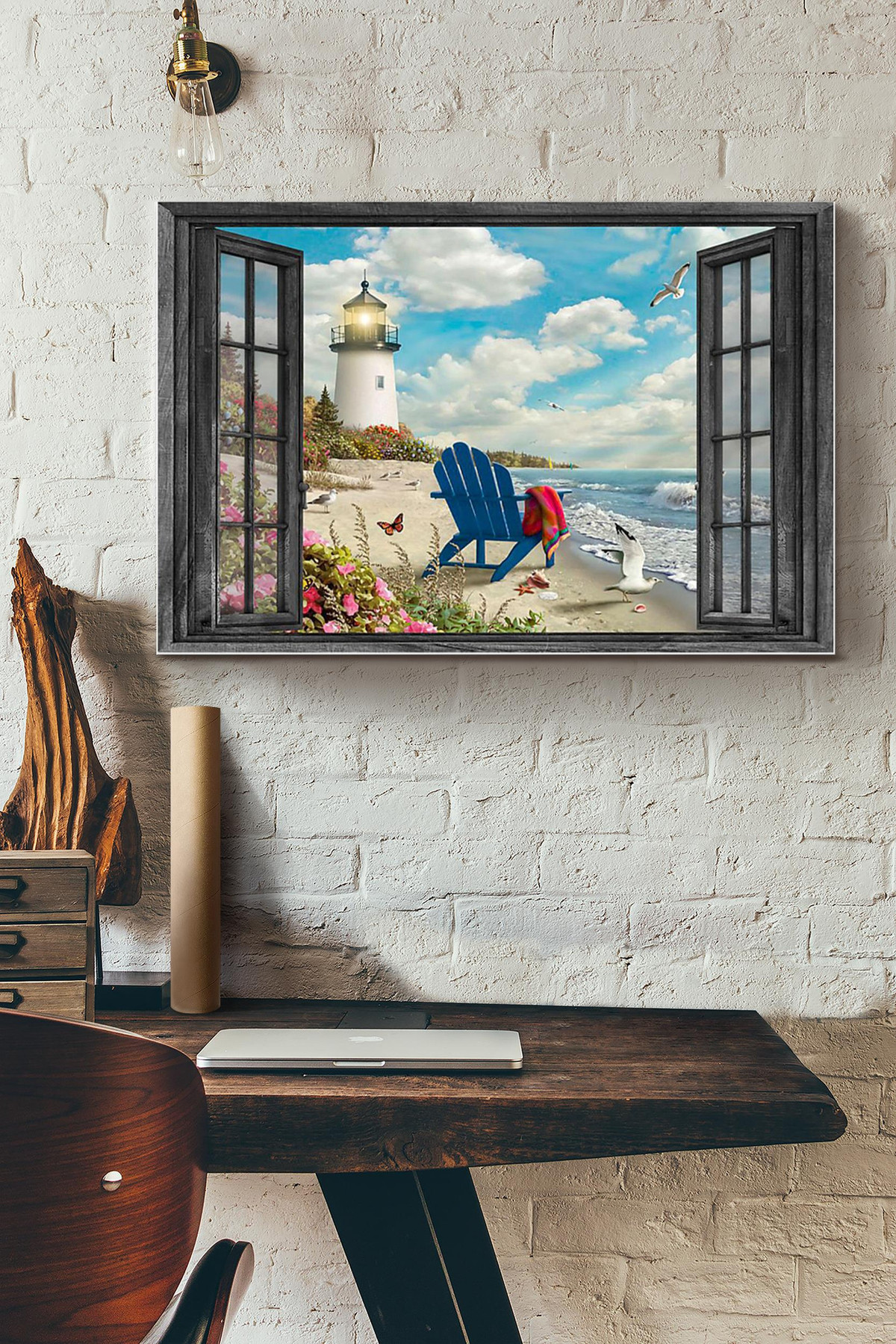 Vintage 3D Window View Gift Idea Lighthouse In The Summer Decor Framed Prints, Canvas Paintings Wrapped Canvas 8x10