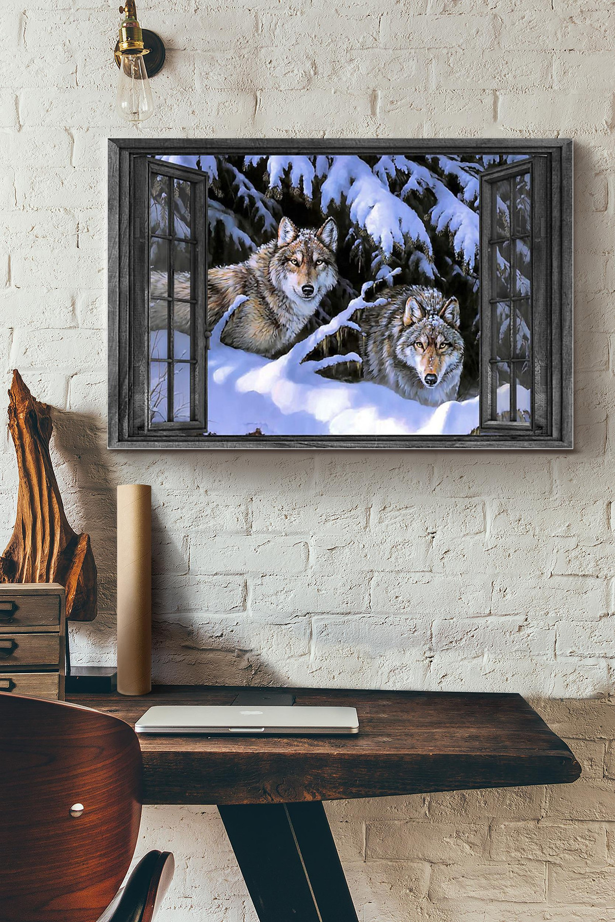 Vintage 3D Window View Gift Idea Couple Wolf In The Snow Forest Hunting Decor Framed Prints, Canvas Paintings Wrapped Canvas 8x10
