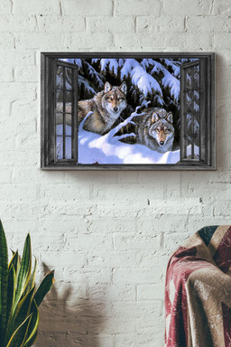 Vintage 3D Window View Gift Idea Couple Wolf In The Snow Forest Hunting Decor Framed Prints, Canvas Paintings Framed Matte Canvas 8x10