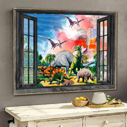 Dinosaurs Canvas Painting Art 3D Window View Jurassic Park Gift Idea Birthday Framed Prints, Canvas Paintings Framed Matte Canvas 8x10