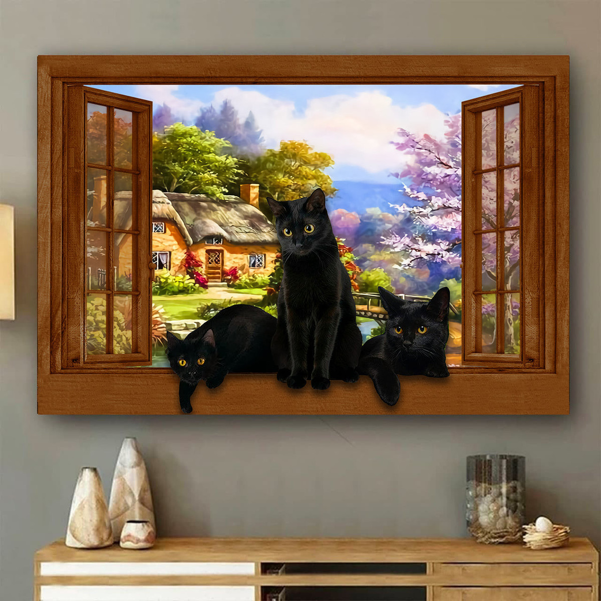 Black Cats 3D Window View Canvas Painting Art Cats Lover Framed Prints, Canvas Paintings Wrapped Canvas 8x10