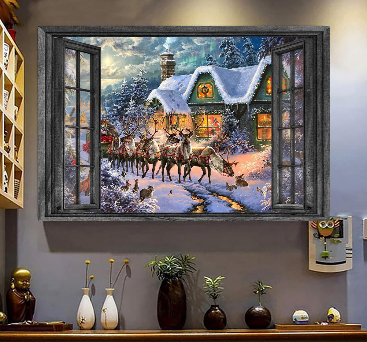 Reindeer 3D Window View Canvas Painting Hunting Lover Gift Idea Christmas Gift Father Day Framed Prints, Canvas Paintings Wrapped Canvas 8x10