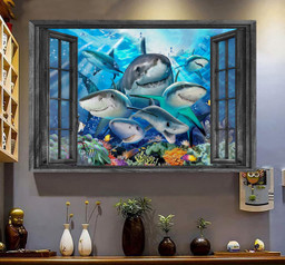 Sharks 3D Window View Canvas Painting Art Sea Animals Baby Shark Gift Idea Easter Framed Prints, Canvas Paintings Framed Matte Canvas 8x10
