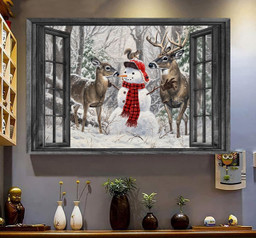 Blacktail Deer Snowman 3D Window View Canvas Painting Hunting Lover Gift Idea Noel Gift Father Day Framed Prints, Canvas Paintings Wrapped Canvas 8x10