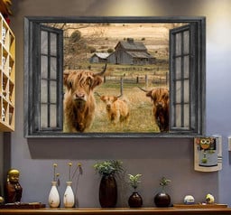 Highland Cattle 3D Window View Canvas Painting Art Farm Animals Gift For Friend Framed Prints, Canvas Paintings Framed Matte Canvas 8x10