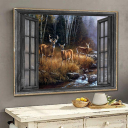 Deer 3D Window View Housewarming Gift Decor Fountain Forest Hunting Lover Ha0256-Tnt Framed Prints, Canvas Paintings Framed Matte Canvas 8x10