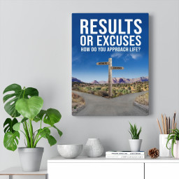Results or Excuses Motivational Message Printed On Ready To Hang Stretched Canvas Wall Art