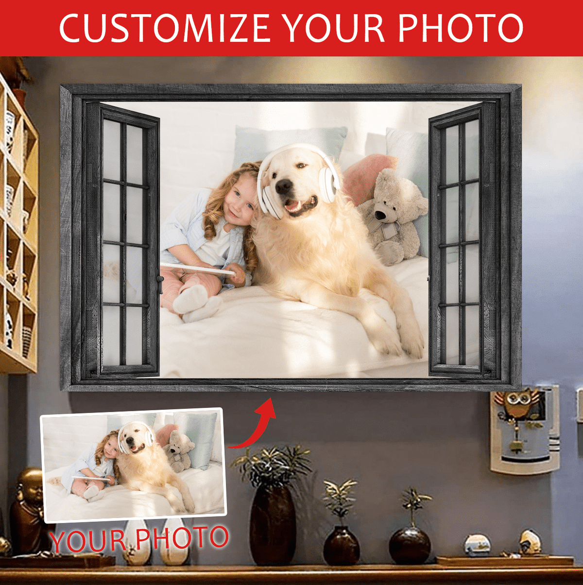 Golden Retriever 3D Decor Your Photo Personalized Photo Gift Idea Gift Husband Gift Wife Pets Lover Framed Prints, Canvas Paintings Wrapped Canvas 8x10