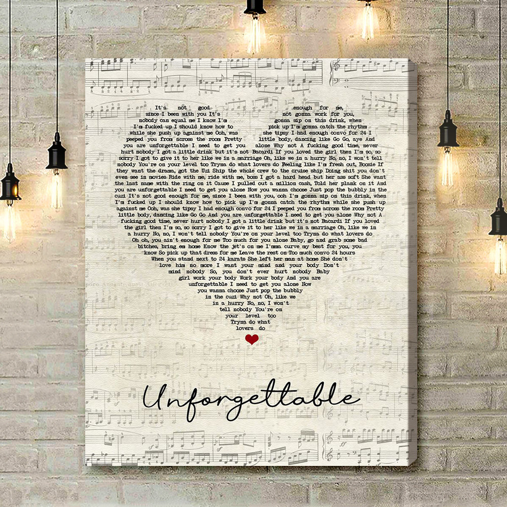 French Montana Feat. Swae Lee Unforgettable Script Heart Song Lyric Art Print - Canvas Print Wall Art Home Decor