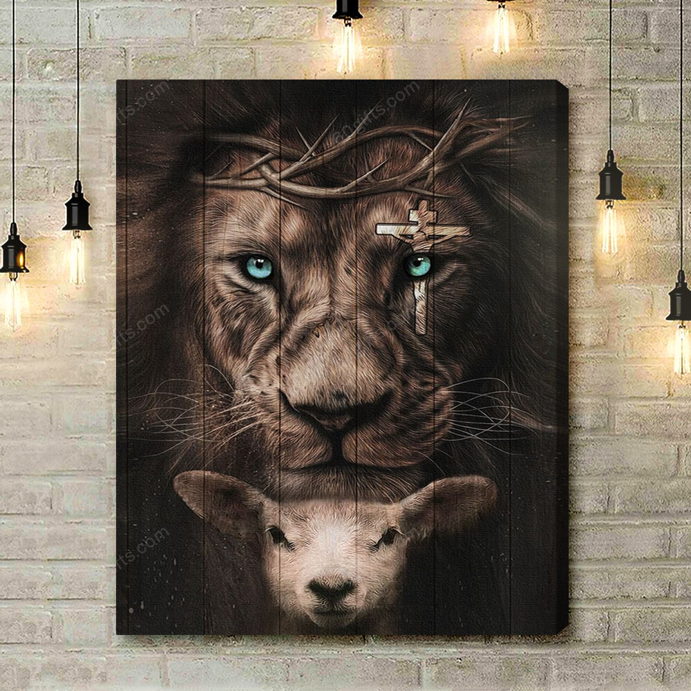 Housewarming Gifts Christian Decor Jesus Lamb Lion And Cross On His Eye - Canvas Print Wall Art Home Decor