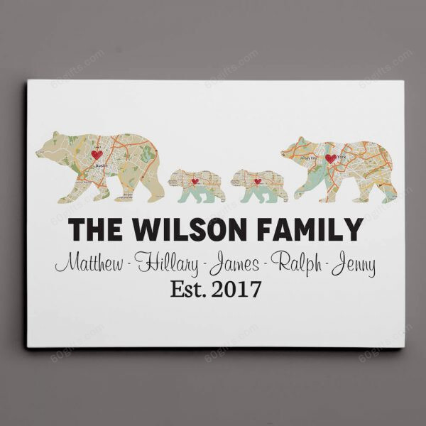 Personalized Mother's Day Father's Day Gifts Bear Family Retro Map - Customized Canvas Print Wall Art Home Decor