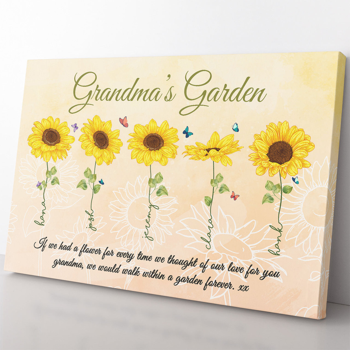 Personalized Grandkid Names Grandma's Garden Sunflower Canvas Gift Ideas, Thought of Our Love for You Canvas Gift for Grandma