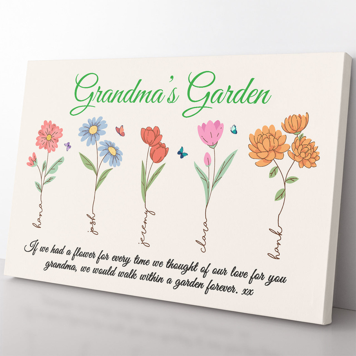 Custom Grandkid Names Grandma's Garden Floral Canvas Gift Ideas, Thought of Our Love for You Canvas Gift for Grandma