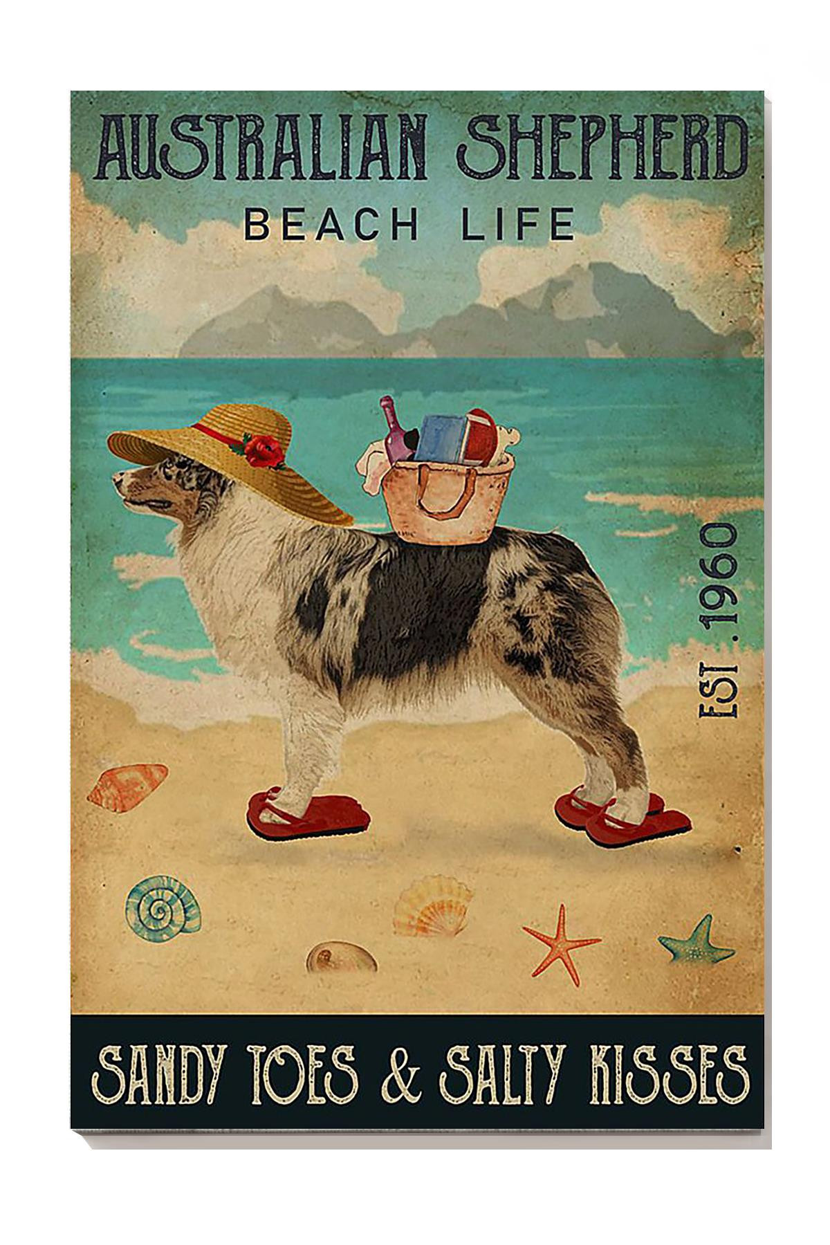 Australian Shepherd Beach Life Sandy Toes Salty Kisses For Dog Lover Beach House Decor Canvas Gallery Painting Wrapped Canvas Framed Prints, Canvas Paintings Wrapped Canvas 8x10