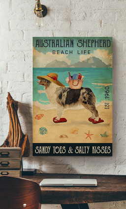 Australian Shepherd Beach Life Sandy Toes Salty Kisses For Dog Lover Beach House Decor Canvas Gallery Painting Wrapped Canvas Framed Prints, Canvas Paintings Wrapped Canvas 16x24