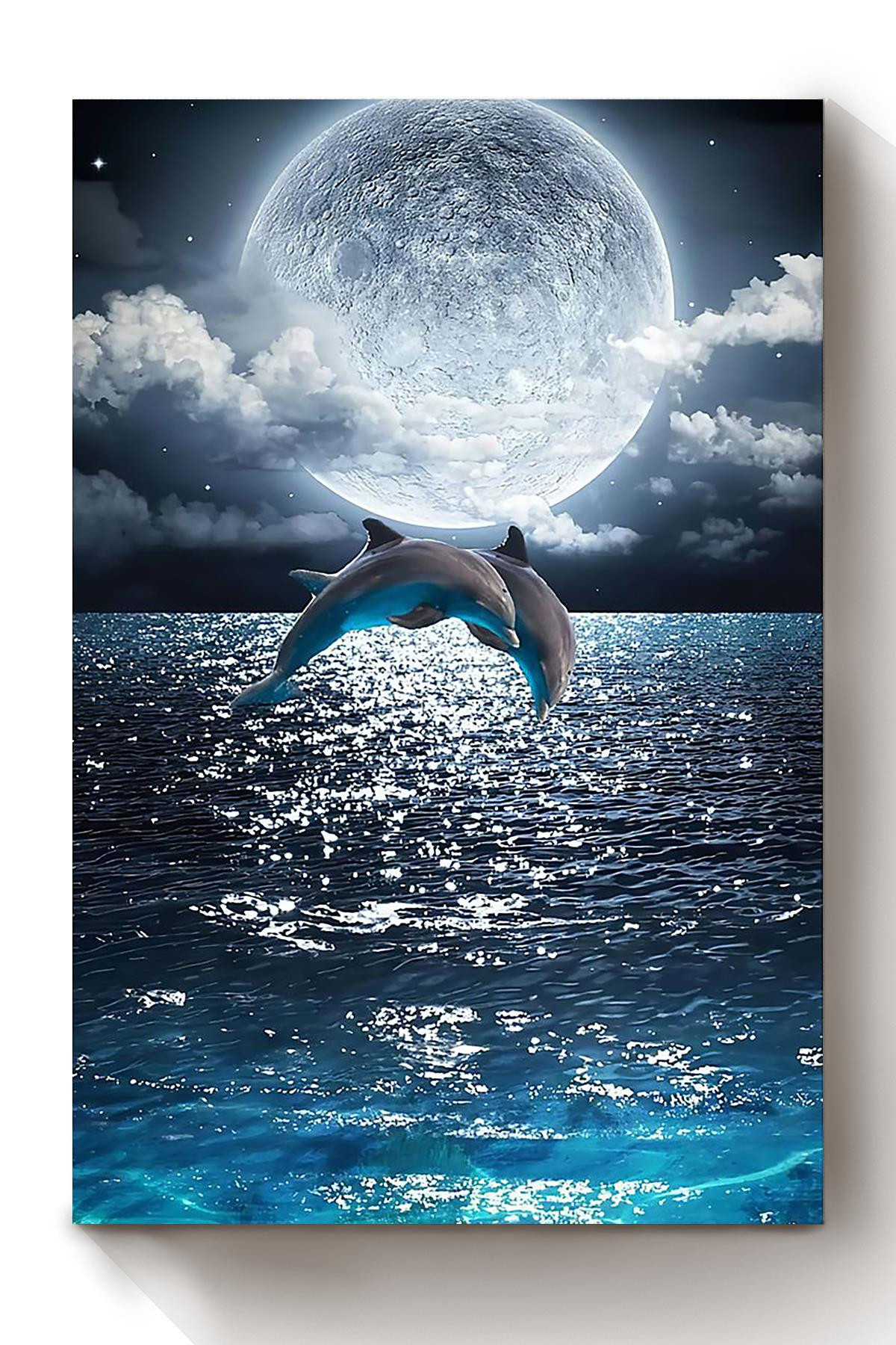 Dolphin Couple Jump Under The Moon Gift For Wedding Anniversary Just Married Couple Canvas Wrapped Canvas 8x10