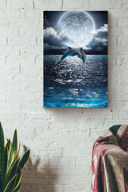 Dolphin Couple Jump Under The Moon Gift For Wedding Anniversary Just Married Couple Canvas Wrapped Canvas 12x16