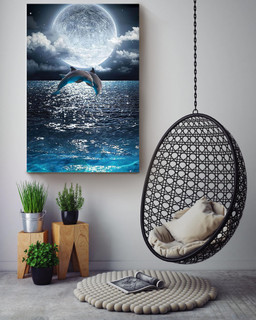 Dolphin Couple Jump Under The Moon Gift For Wedding Anniversary Just Married Couple Canvas Wrapped Canvas 16x24