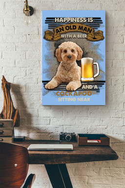 Happiness Quote Old Man With Cockapoo Sitting Near Vintage For Grandfather Canvas Framed Prints, Canvas Paintings Wrapped Canvas 20x30