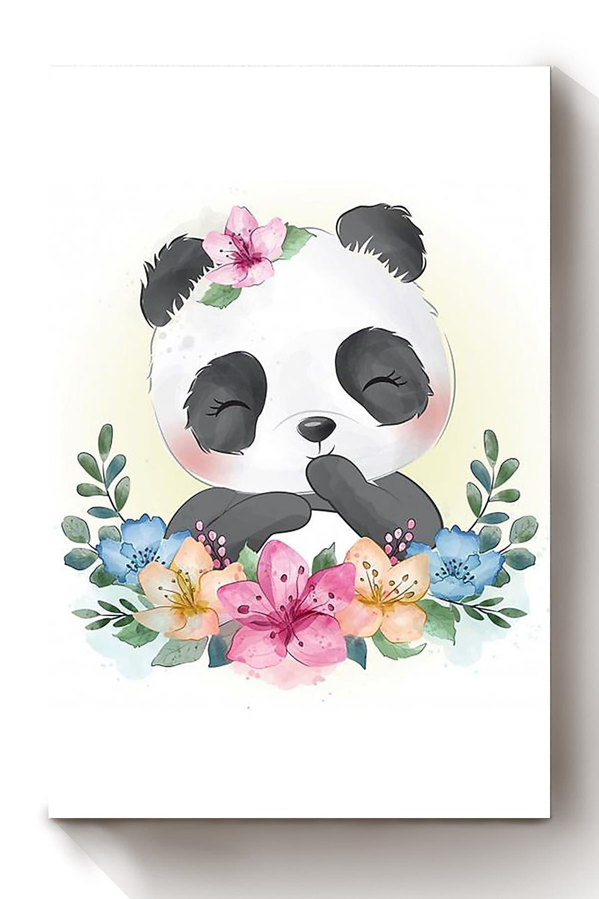 Baby Panda Smiling Watercolor Flower Gift For Chinese Friend Housewarming Canvas Framed Prints, Canvas Paintings Wrapped Canvas 8x10