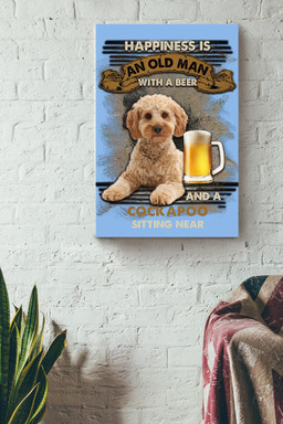 Happiness Quote Old Man With Cockapoo Sitting Near Vintage For Grandfather Canvas Framed Prints, Canvas Paintings Wrapped Canvas 12x16
