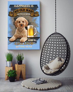 Happiness Quote Old Man With Cockapoo Sitting Near Vintage For Grandfather Canvas Framed Prints, Canvas Paintings Wrapped Canvas 16x24