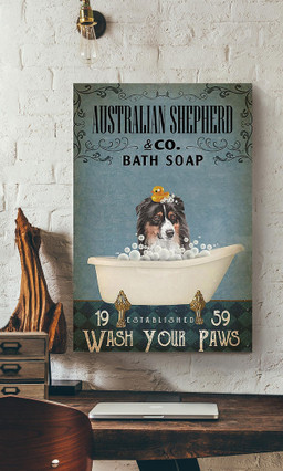 Australian Shepherd Bath Soap Wash Your Paws For Dog Owner Bathroom Decor Canvas Gallery Painting Wrapped Canvas Framed Prints, Canvas Paintings Wrapped Canvas 16x24