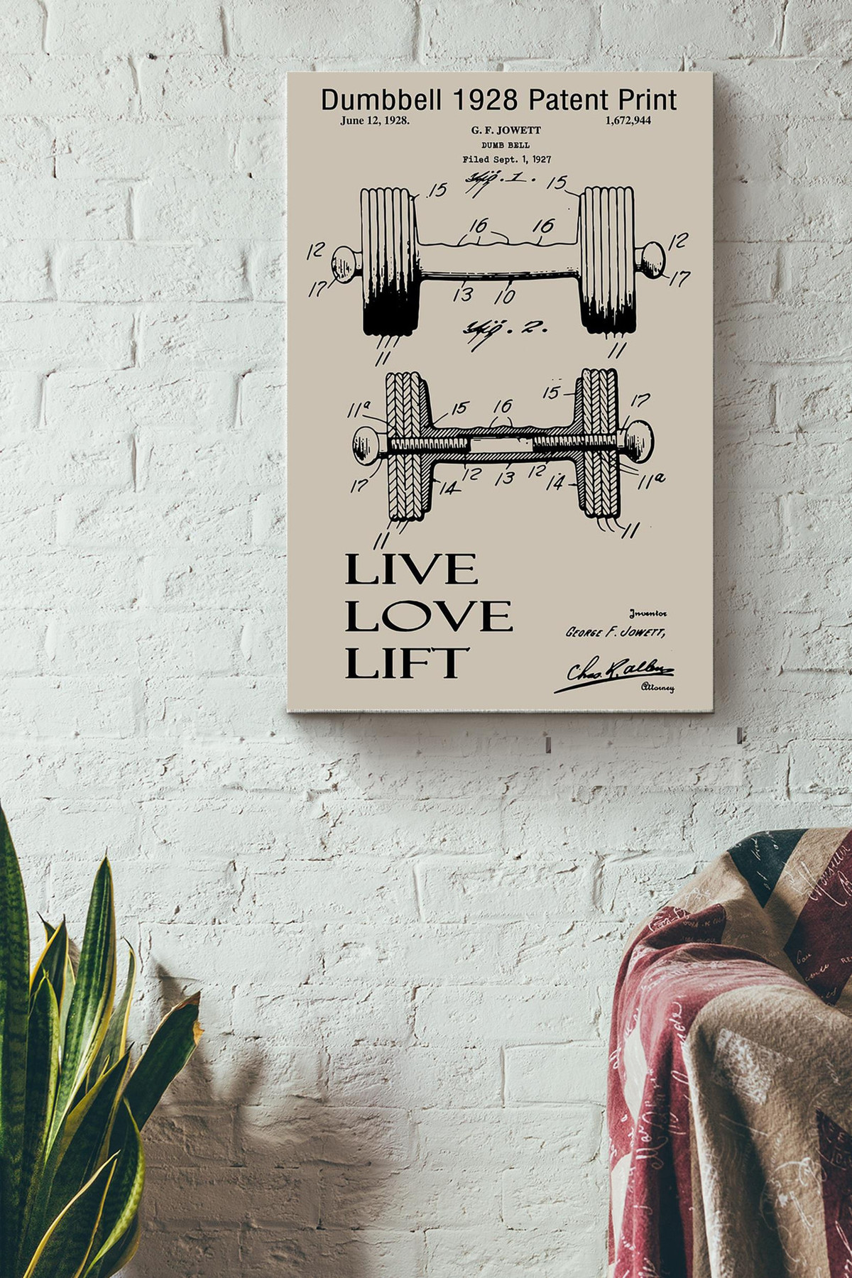 Dumbbell 1928 Patent Print Live Love Lift Fitness Canvas Canvas Gallery Painting Wrapped Canvas  Wrapped Canvas 8x10
