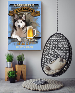 Happiness Quote Old Man With Husky Sitting Near Vintage For Grandfather Canvas Framed Prints, Canvas Paintings Wrapped Canvas 16x24