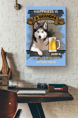 Happiness Quote Old Man With Husky Sitting Near Vintage For Grandfather Canvas Framed Prints, Canvas Paintings Wrapped Canvas 20x30