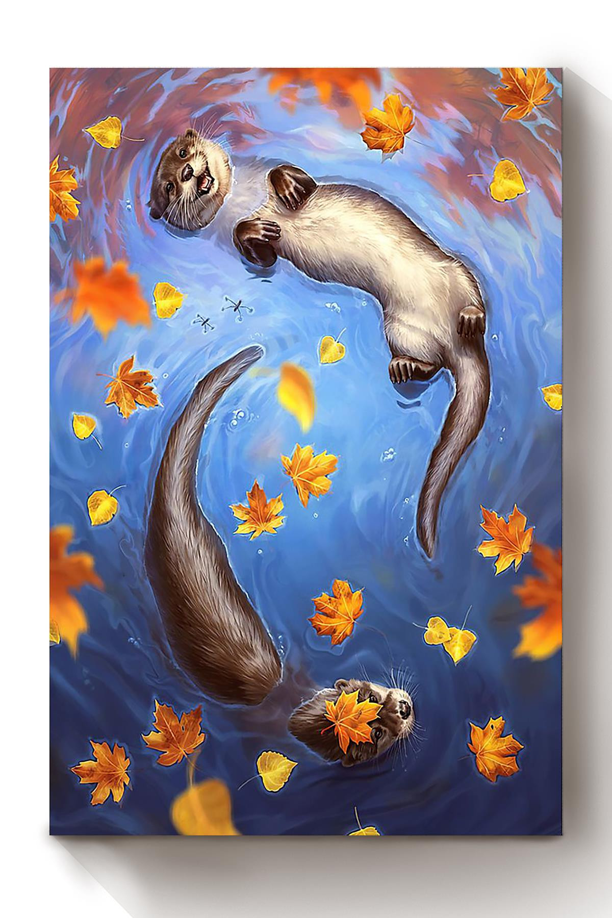 Otter Couple Swimming In Autumn Cute Gift For Husband And Wife In Wedding Anniversary Canvas Wrapped Canvas 8x10