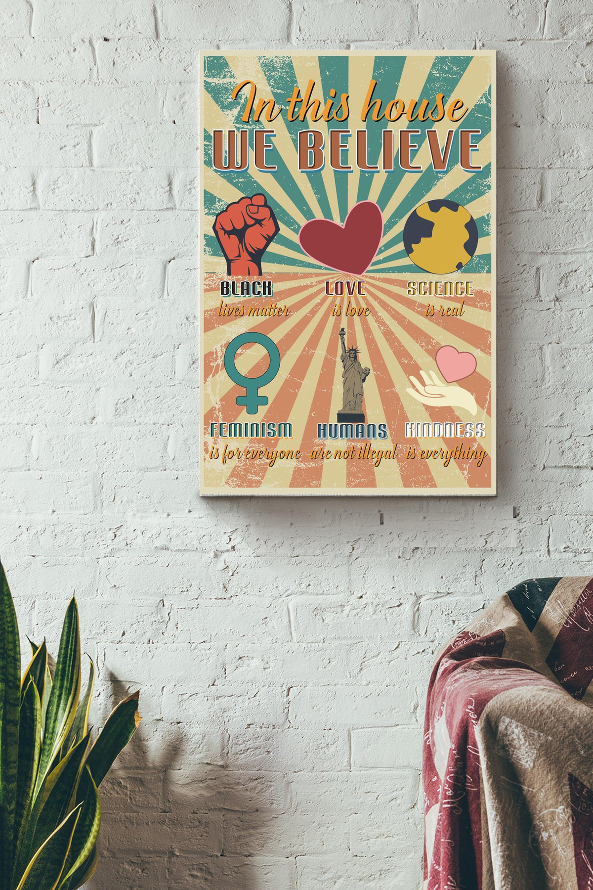 In This House We Believe In Positive Things Vintage Canvas Decor Gift For Black Lives Matter Love Is Love Science Is Real Feminism For Everyone Humanity Kindnes Canvas Gallery Painting Wrapped Canvas  Wrapped Canvas 8x10